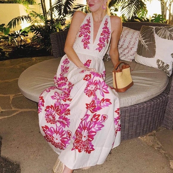 FARM Rio Dresses & Skirts - Farm Rio Powerful Birds Pink Floral V Neck Strappy Open Back Maxi Dress XS NWT